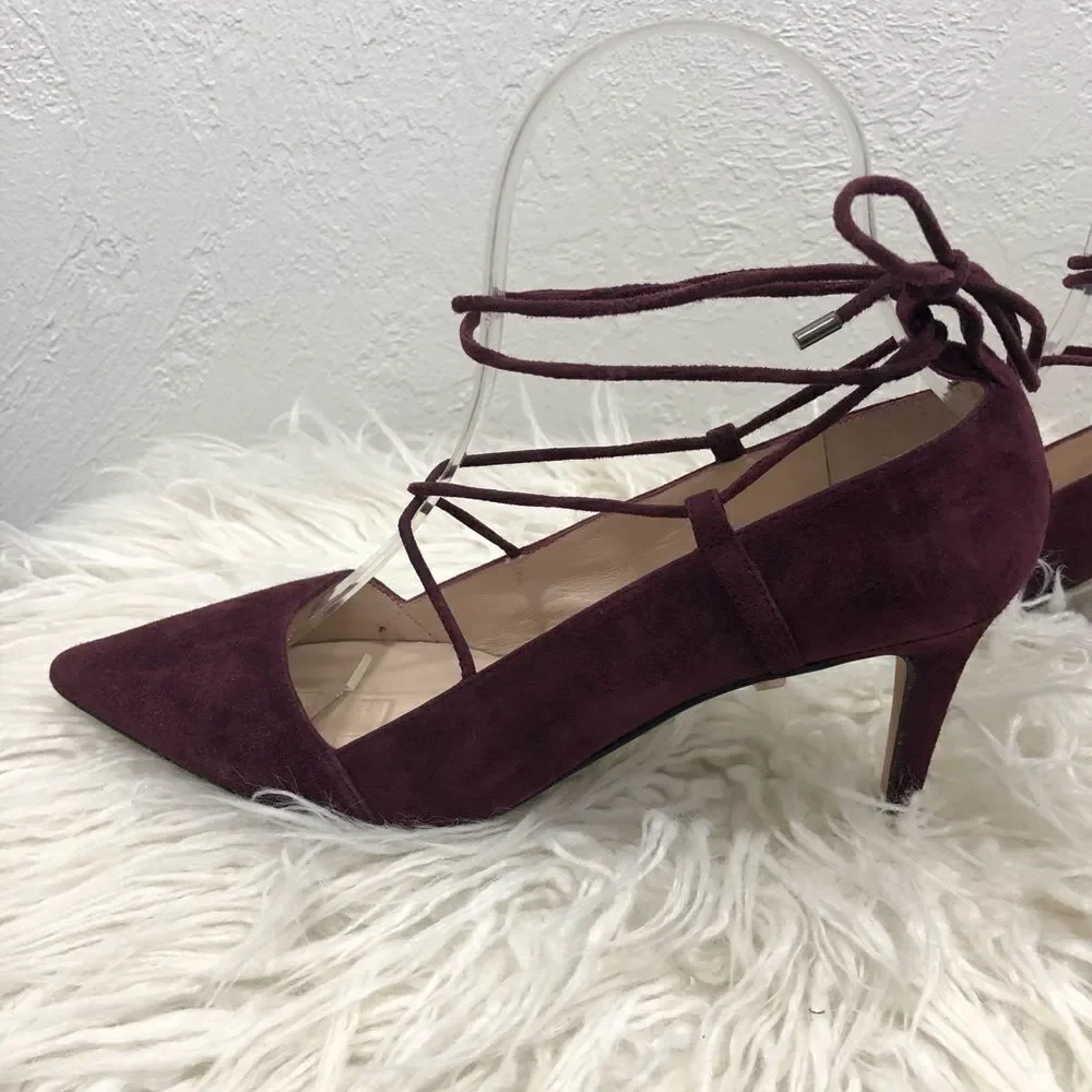 PURA‎ LOPEZ -MAROON ANKLE TIE SUEDE PUMPS HEELS S4
